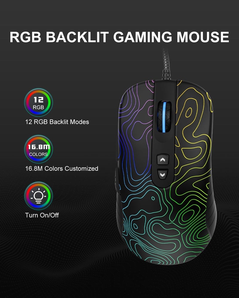 COSTOM Womier G706 USB Wired Gaming Mouse for PC Computer Windows Mac Laptop, Lightweight Silent RGB Backlit Mouse with Adjustable 12000DPI/7 Programmable Side Buttons,Kanagawa Theme (Black Topographic) - Image 1